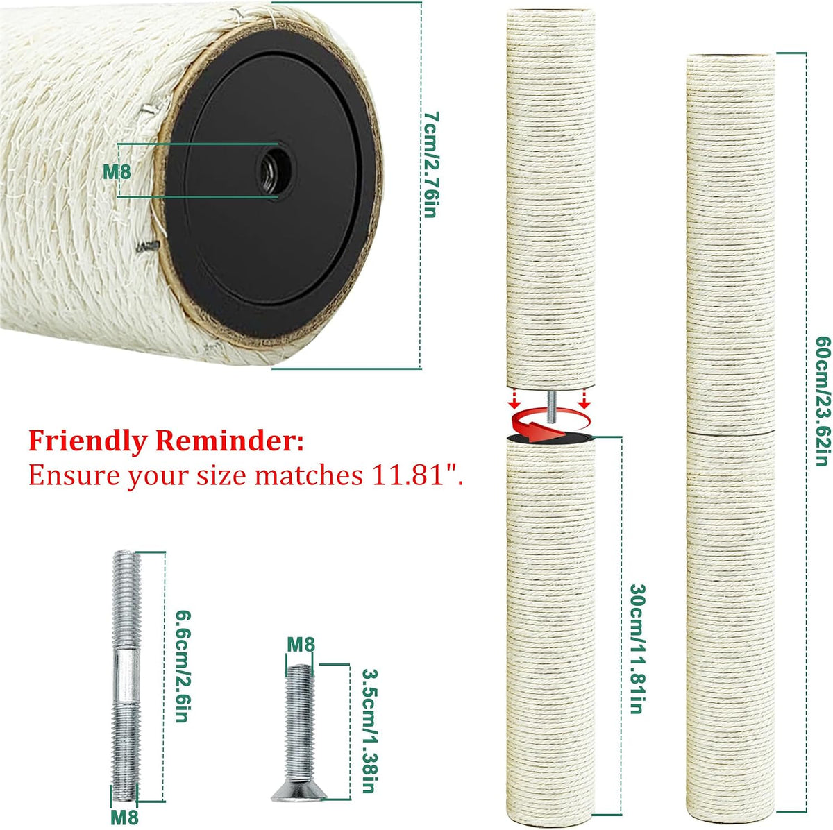 Cat Scratching Post Replacement Pole - M8*4poles / 30 cm / 11.81 in Beige - image 2