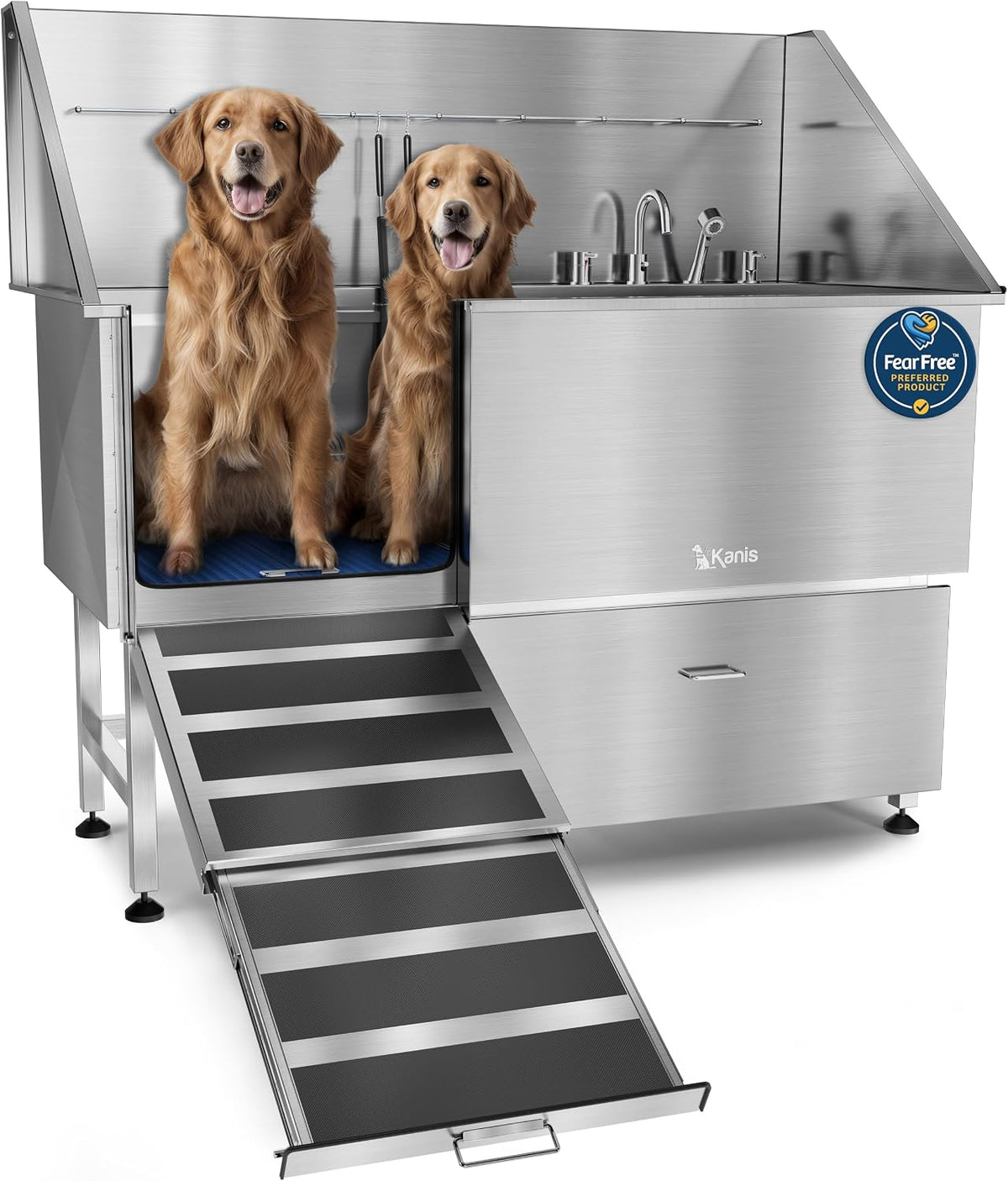 Professional Dog Washing Station 304 Stainless Steel Pets Grooming Tub – Essentials for Dogs - Silver, Left Ramp, 1 Drawer / 61 Inches