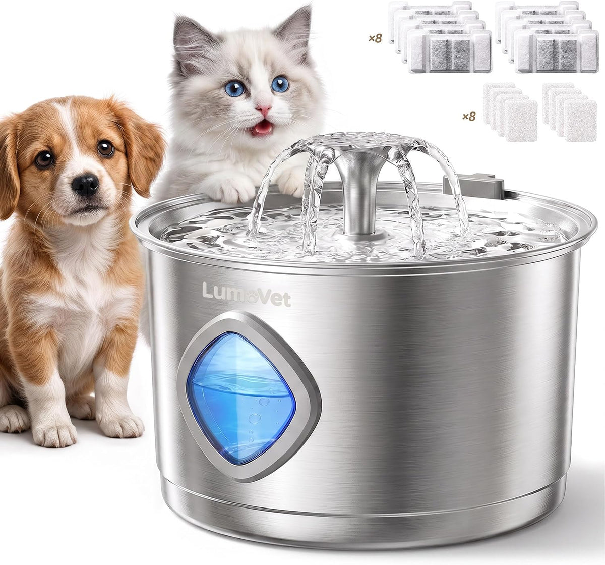 Cat Water Fountain Stainless Steel - Fountain+8 Filters +8 Sponges