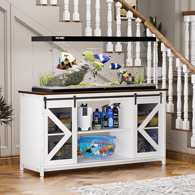 55-75 Gallon Aquarium Stand Heavy Duty Steel Frame, Fish Tank Cabinet with Accessories Storage for Reptile Terrarium & Turtle Tank - 1000lbs Capacity (White)
