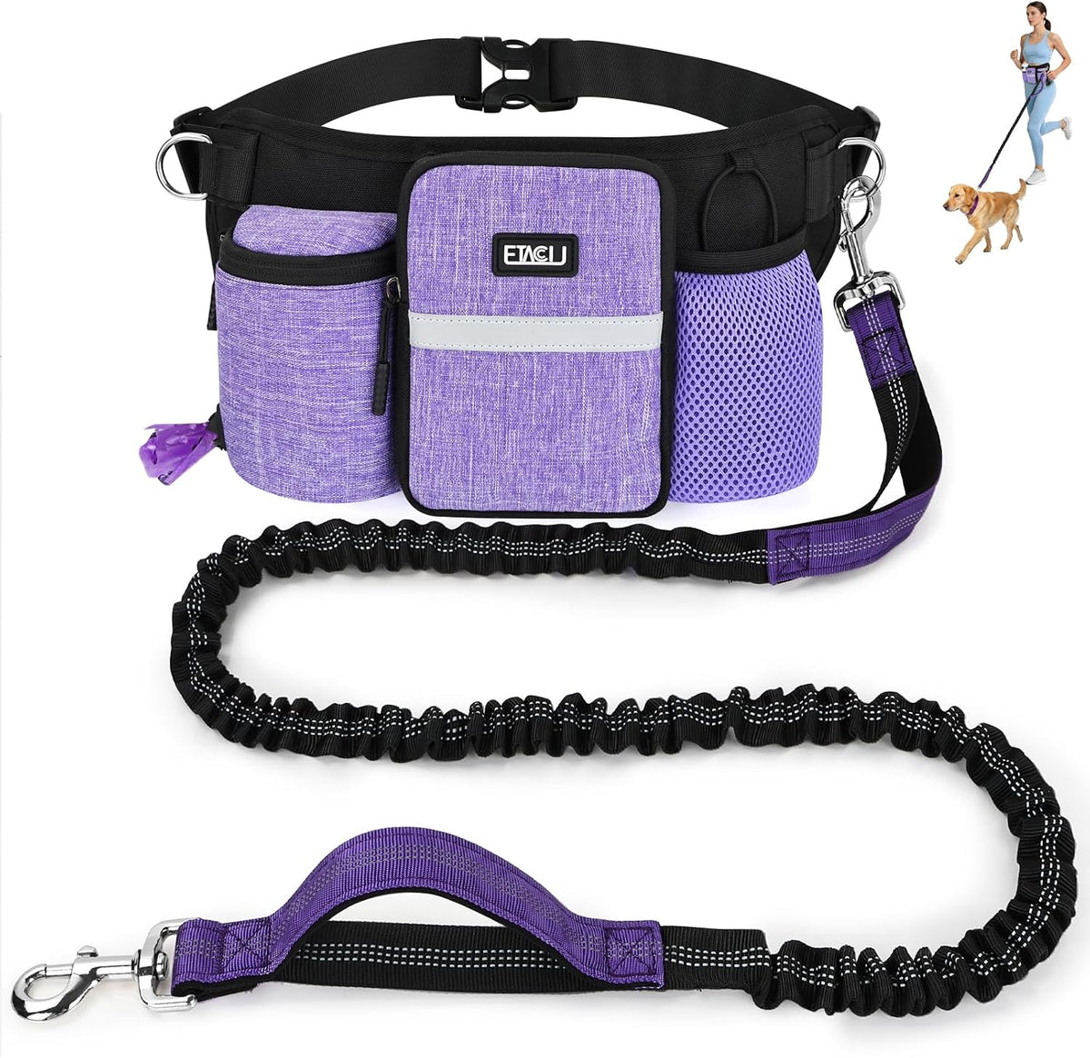 ETACCU Hands Free Dog Leash with Phone Pouch - 1 Dog Purple