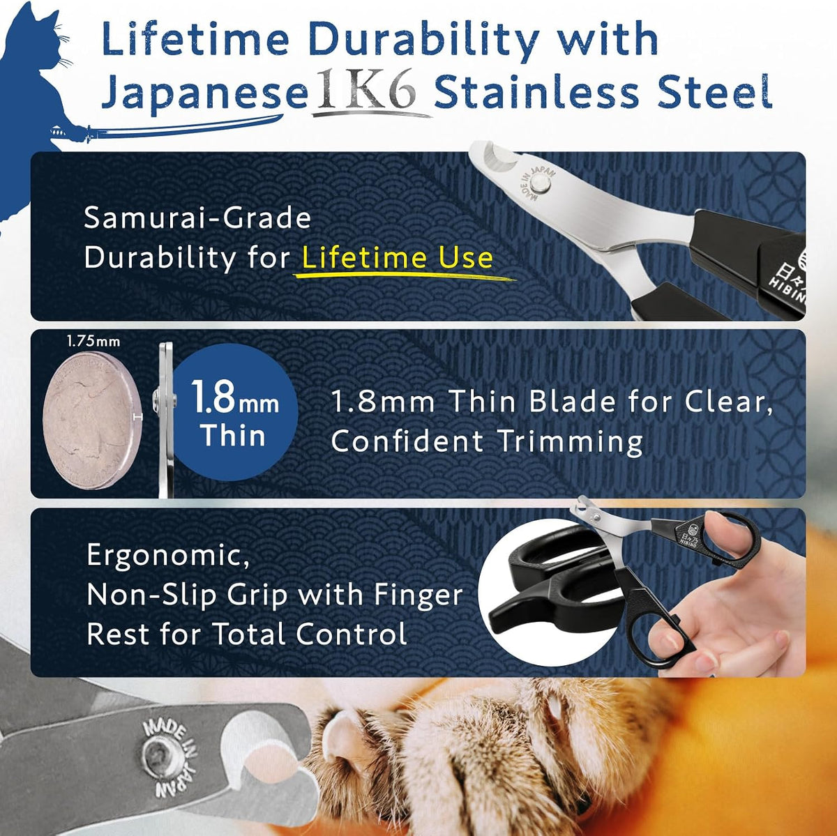 Samurai-Grade Cat Nail Clippers, Quiet Precision Trimmer, Black - Sumi Black - image 3