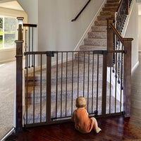 BABELIO Baby Gate with Black Wood Pattern, 29-48 Inch Auto Close Dog Gate for The House, Stairs and Doorways, Pressure Mounted Pet Gate with Door and Y Spindle Rods