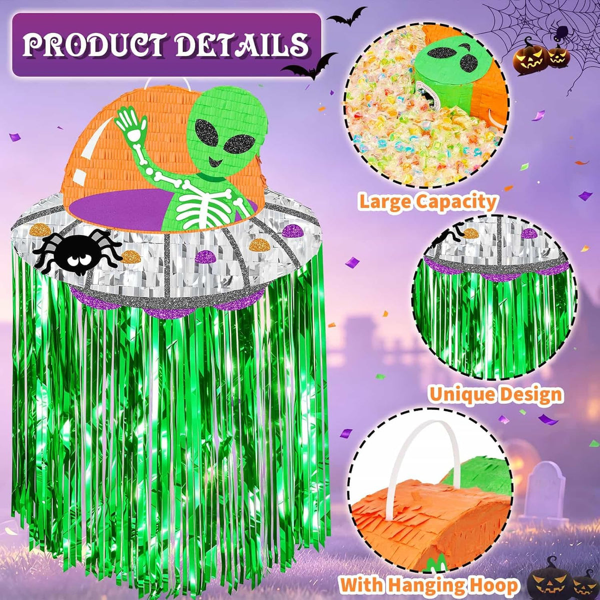 WERNNSAI Halloween skull pumpkin piñata in orange and black with spooky face - view 24