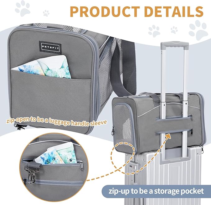 ‌Petsfit Airline Approved Pet Carrier for Small Dogs & Cats, 19x9x12 TSA Approved Carrier, with Removable Dual-Sided Padding (2-Way Placement) - Fits Under Most Airplane Seats, Escape Proof (Gray)