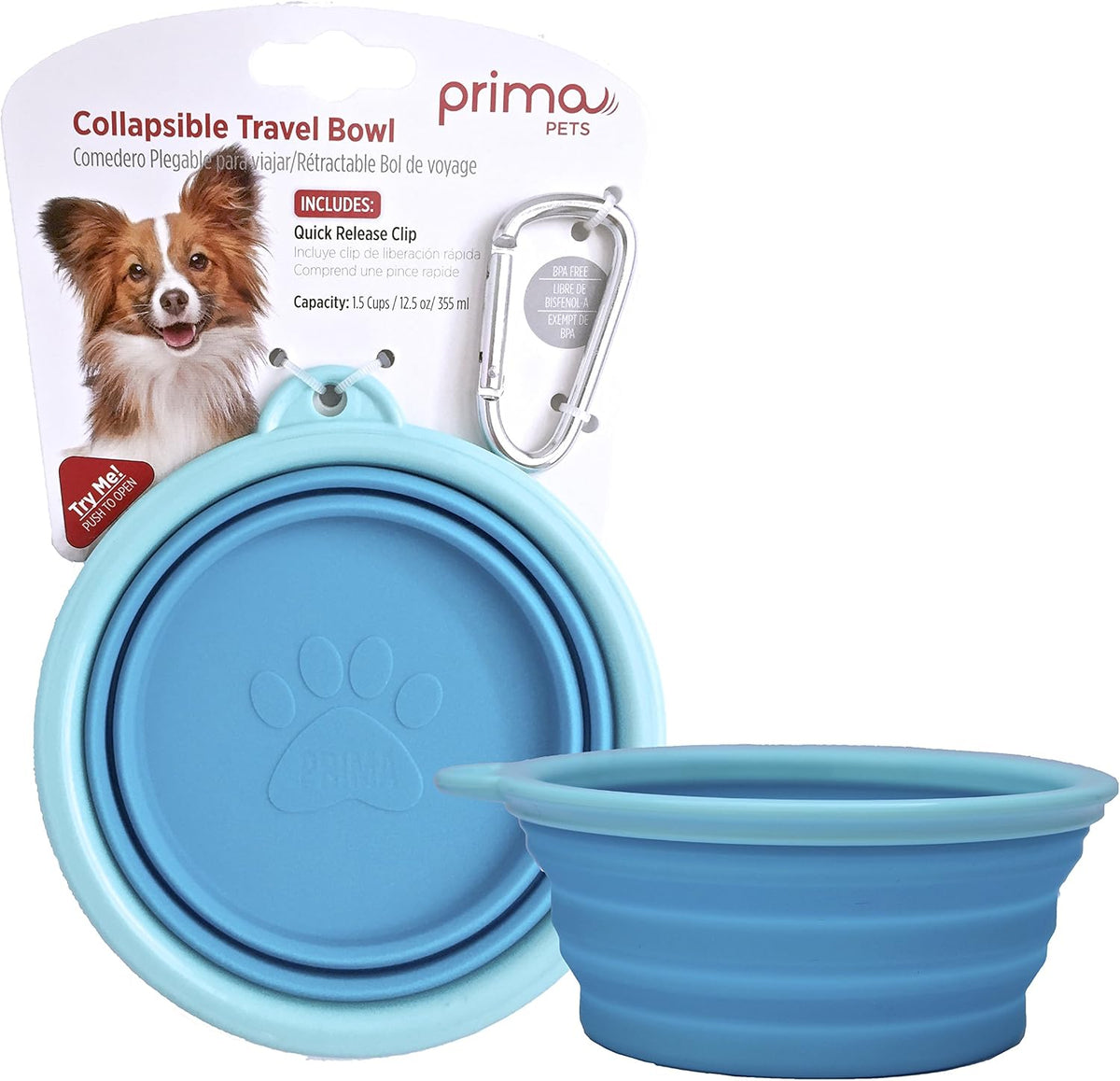 Prima Pet Expandable/ Collapsible Silicone Food & Water Travel Bowl - Aqua / SMALL (1.5 CUPS)