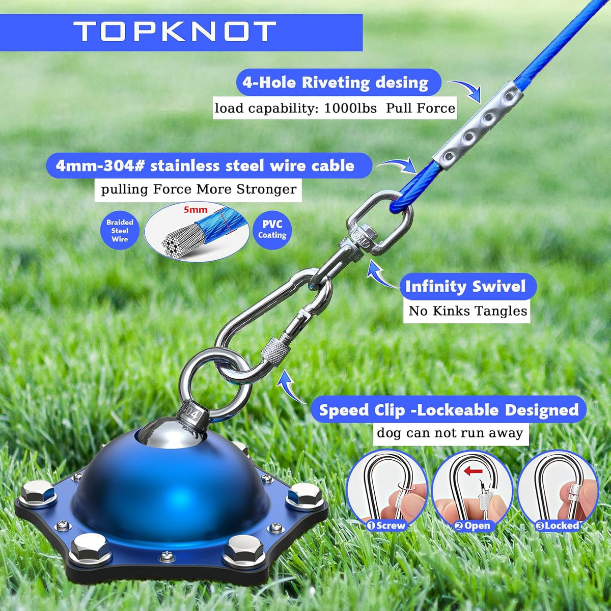 Dog Tie Out Cable and Stake for Camping, 360°Swivel Dog Run - Dog Stake/20ft Cable/200lbs - image 3