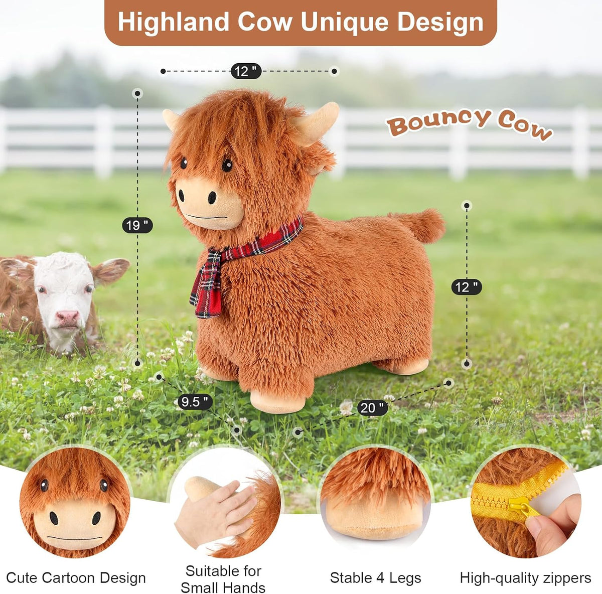 SuzziPals highland cow hopper, inflatable plush ride-on bouncer with plush fur and mane - view 2
