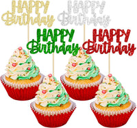Gyufise 24Pcs Happy Birthday Cupcake Toppers Gold Glitter Celebrating - Silver Red Green Gold