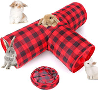 Bunny Tunnels & Tubes, 3-Way Collapsible Rabbit Hideout for Bunnies – Essentials for Small Pets - Plaid