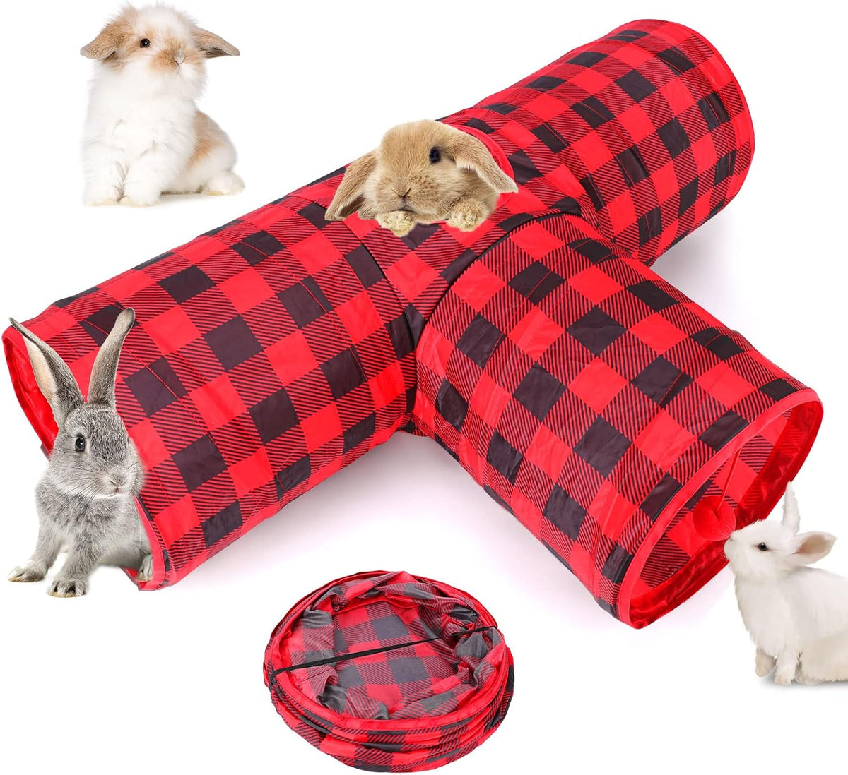 Bunny Tunnels & Tubes, 3-Way Collapsible Rabbit Hideout for Bunnies – Essentials for Small Pets - Plaid