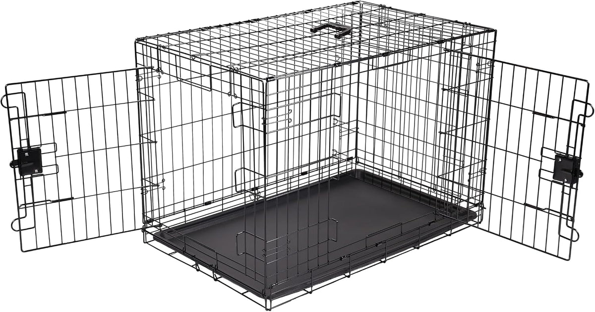Amazon Basics Portable, Foldable Metal Wire Small Dog Crate with Removable Tray, Divider Panel - 36.0"L x 23.0"W x 25.0"H / Double Door w/ Divider