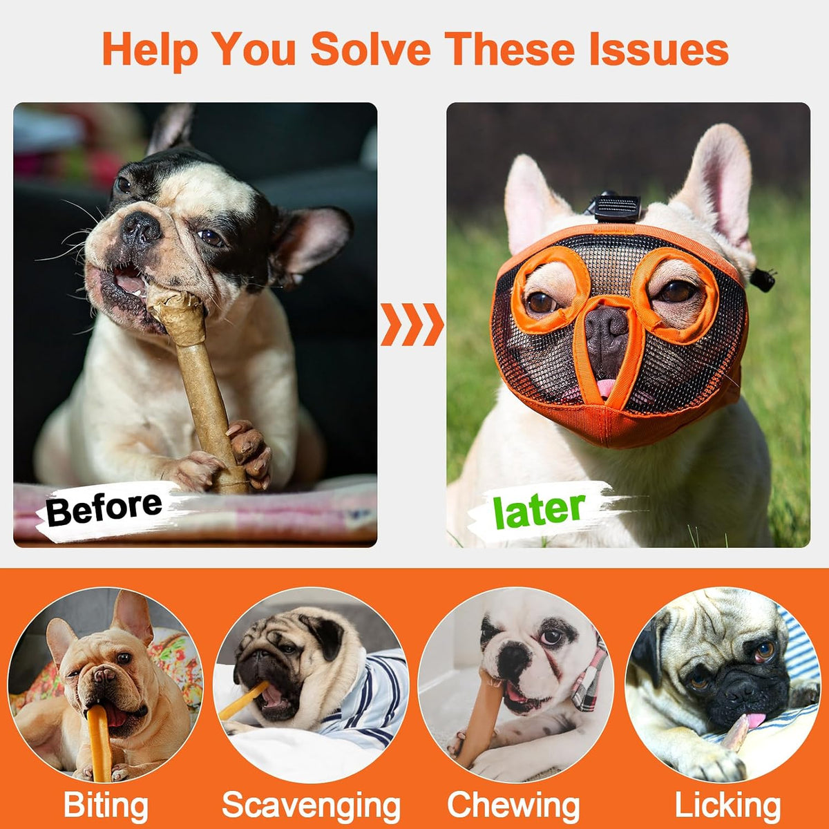 Short Snout Dog Muzzle - Adjustable Breathable Mesh Bulldog Muzzle for Biting Chewing Barking - Orange(Eyehole) / Large/15"-25" - image 2