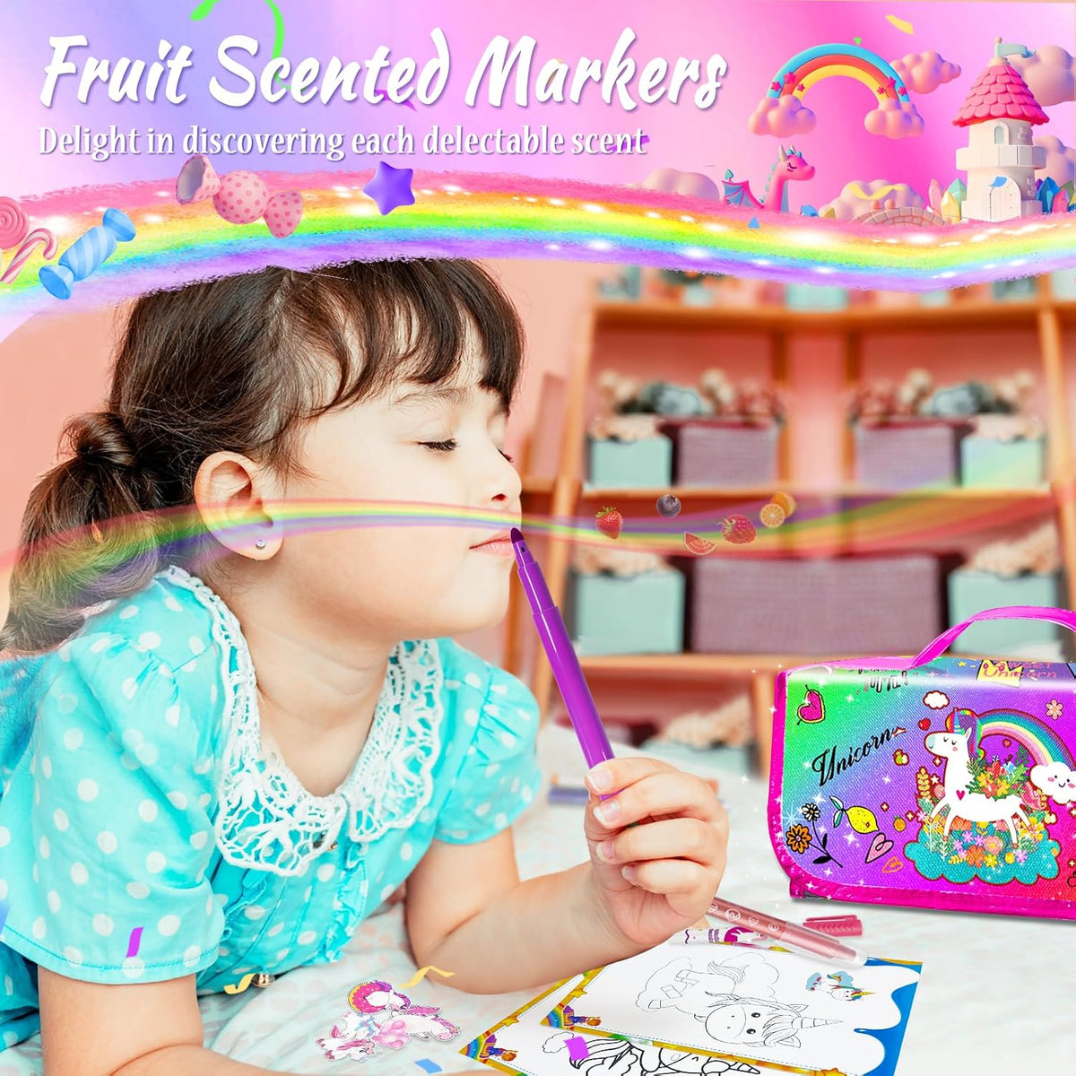 weirtoya 56 PCS Washable Scented Markers Set with Glitter Pencil Case - Colorful Unicorn - image 4