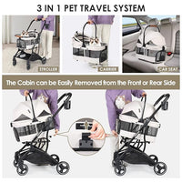 T3 Foldable Pet Stroller for Small Dogs & Cats – 3-in-1 Lightweight Design, 180° Canopy & Detachable Carrier (Beige)