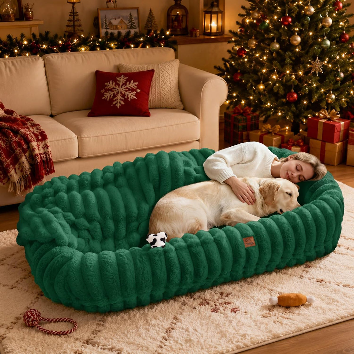 Orthopedic Human Dog Bed, with Faux Fur Washable Cover, Blanket - Dark Green / Human Dog Bed (72x40x10)