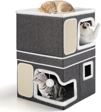 Shikha 2 Story Cat Bed House for Indoor Cats with Scratch Pads Black – Essentials for Cats - Grey / Double / Without Heating Pad