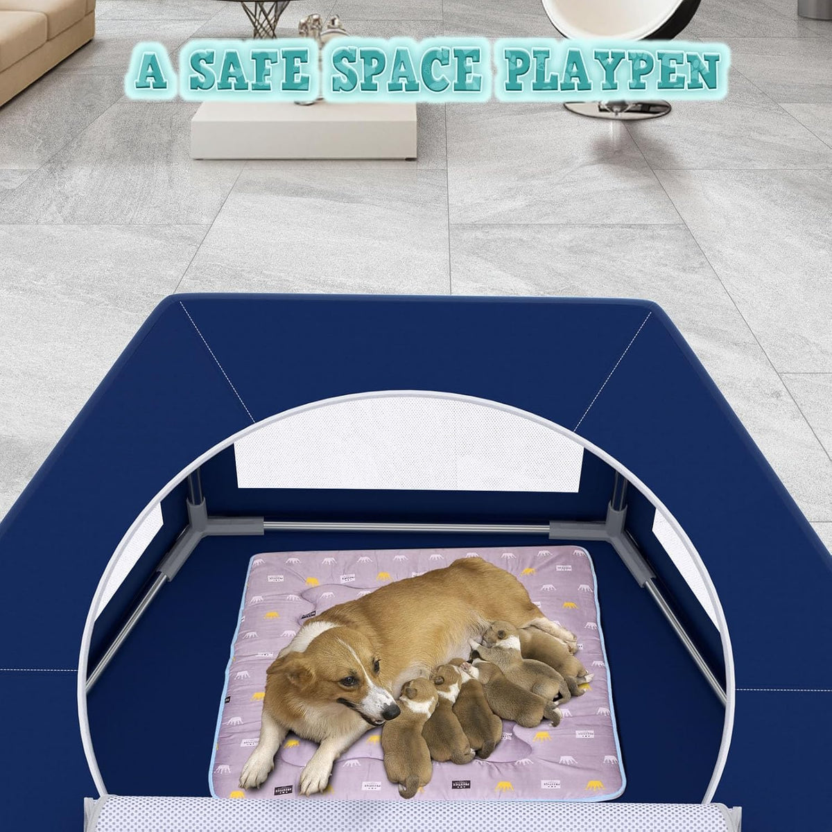 42x42 Inches Puppy Playpen with Gate - Blue / 45x45 IN Hexagonal - image 4
