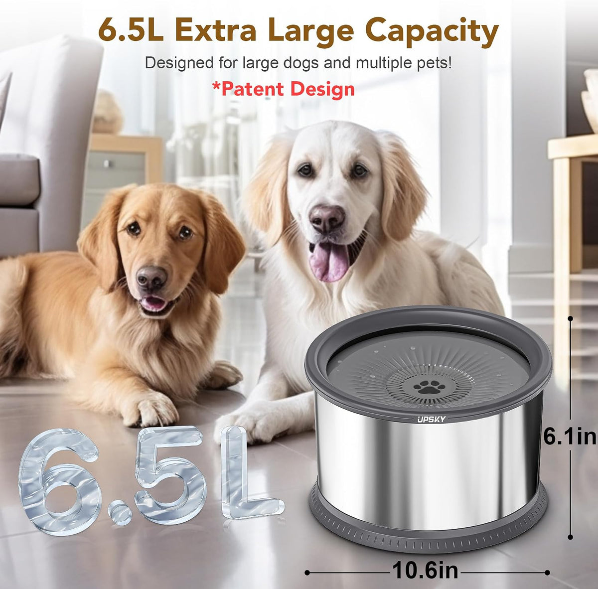 UPSKY 6.5L No Spill Dog Water Bowl Stainless Steel with Anti-Slip Mat – Essentials for Dogs - A.6.5L / A-Grey - image 2