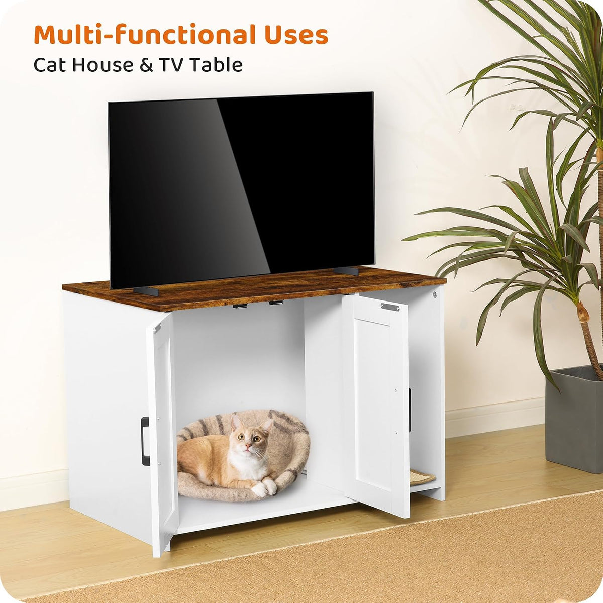Cat Litter Box Enclosure, with Scratching Mat - White+Rustic Brown / 27.6"L x 18.2"W x 19.6"H - image 3