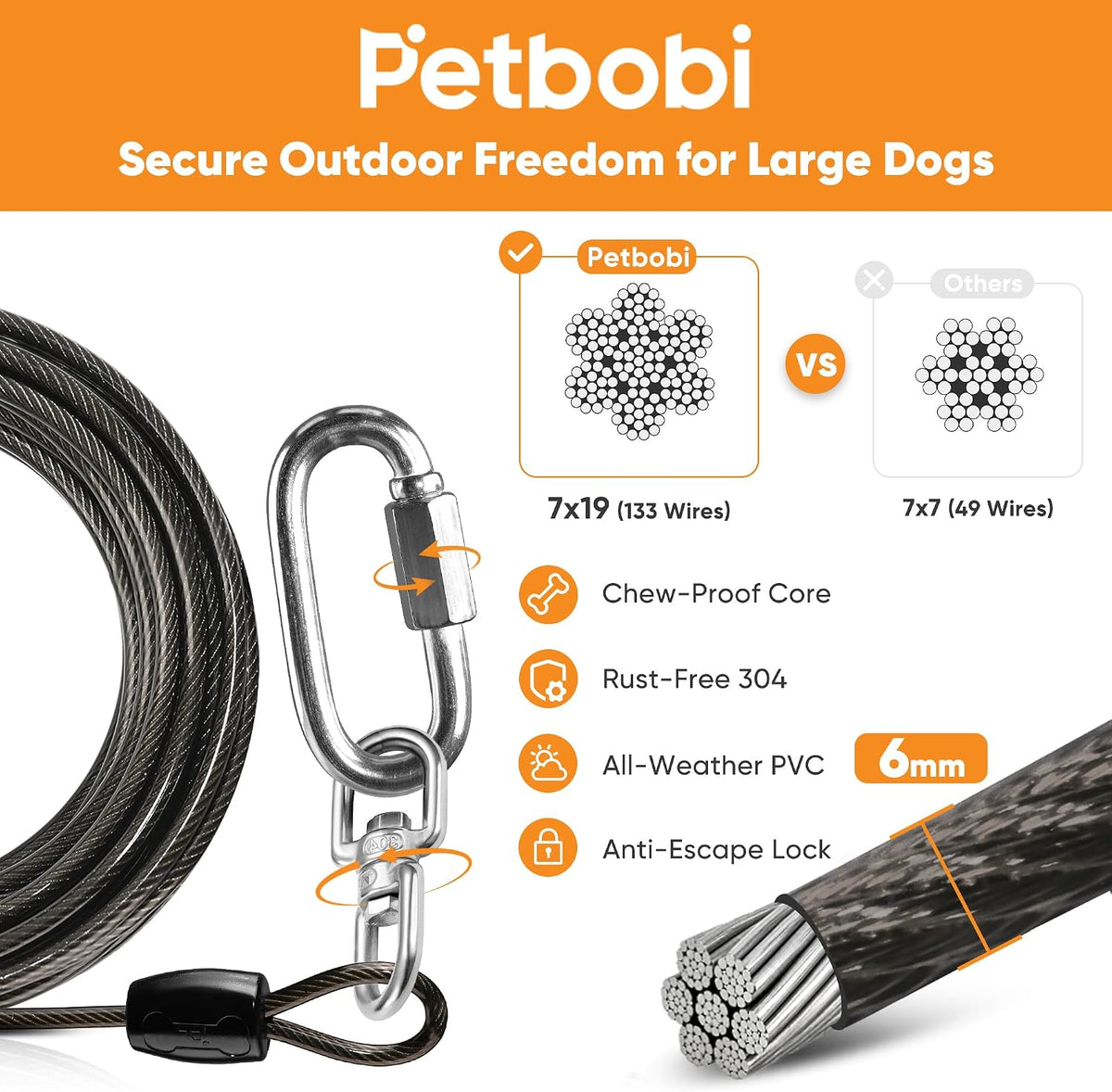 Petbobi Dog Tie Out Cable & Stake - 20ft / Black - image 2