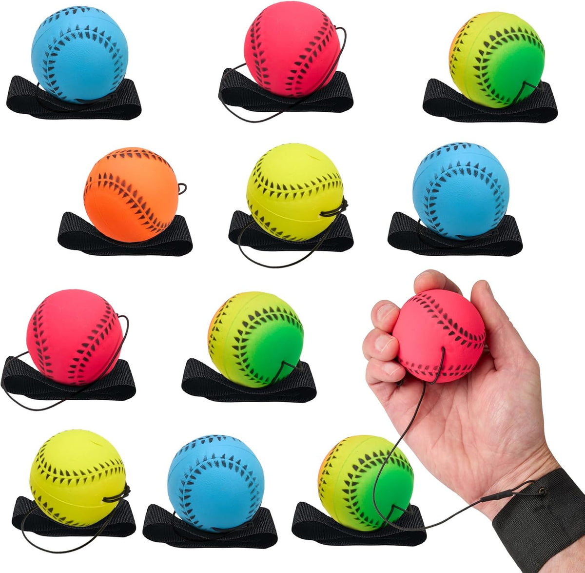 Playbees 12 neon wrist baseballs on elastic cords with Velcro wristbands - view 2