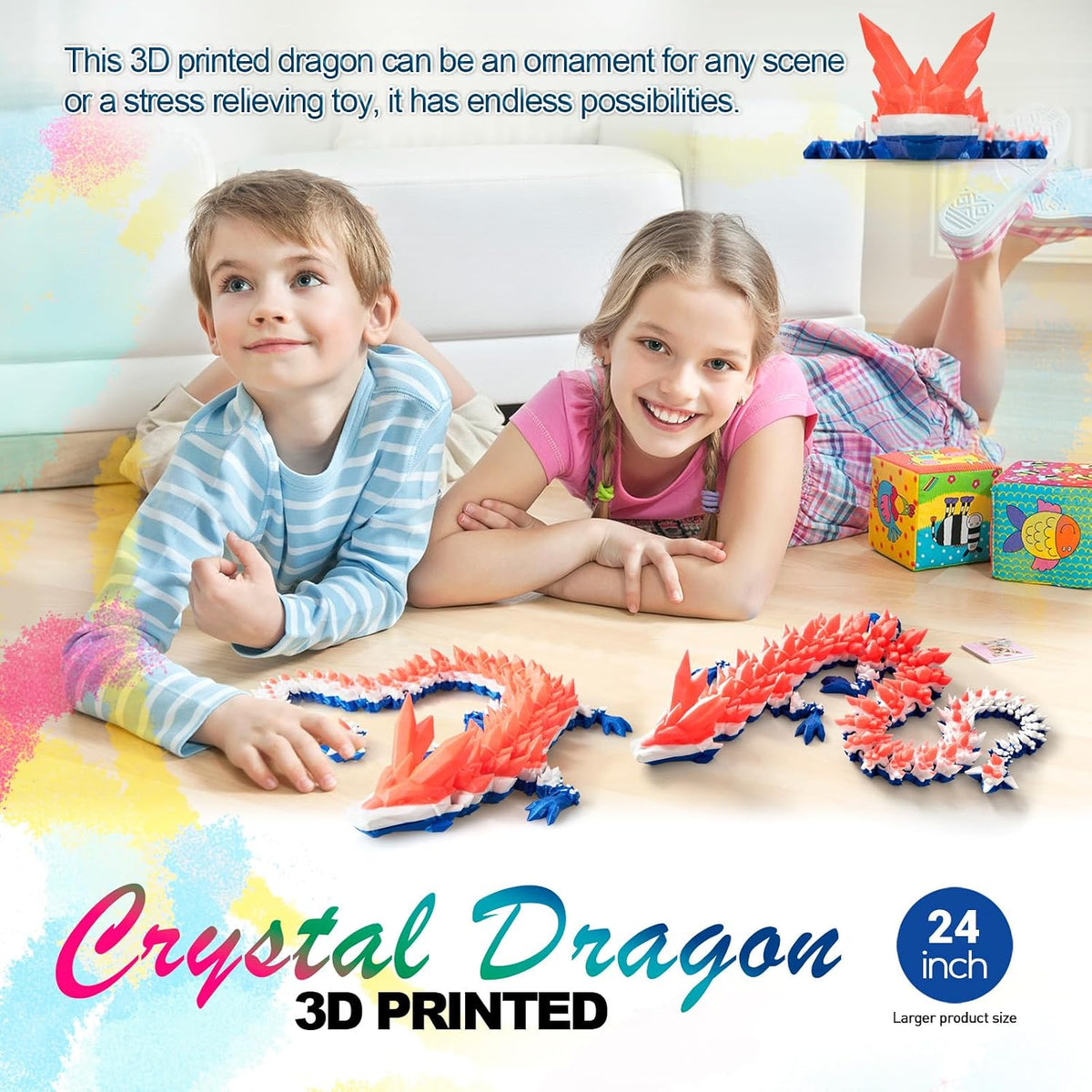 24" Large 3D Printed Dragon - Red White Blue / 24 inch - image 3