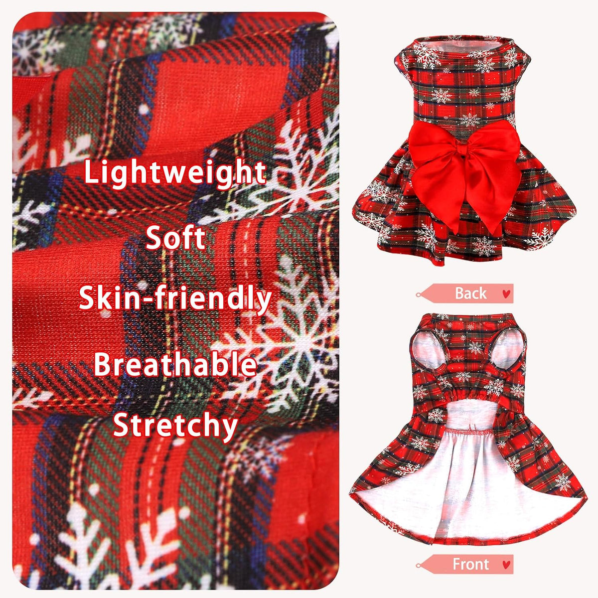 PUPTECK Classic Beige Plaid Dog Dress with Bow Puppy Skirt Clothes M – Essentials for Dogs - Red(Snow) / Medium - image 3