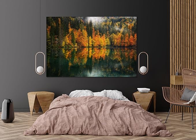 Nature Wall Art Prints - Ocean Forest Mountain Lake Canvas Landscapes - Small to Extra Large Living Room Bedroom Kitchen Bathroom Décor (Autumn by the Lake, 31L" x 47W")