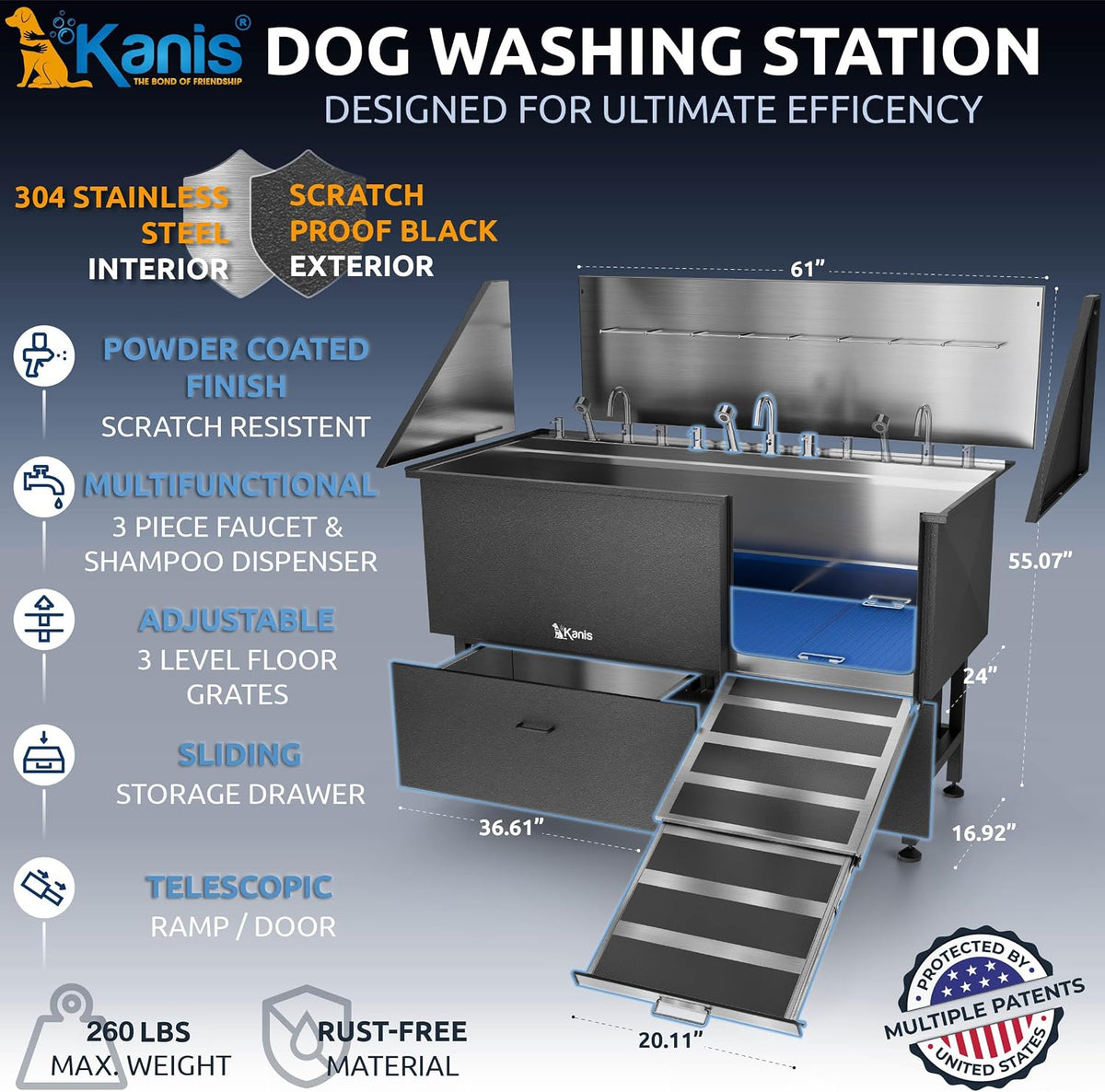 Professional Dog Washing Station 304 Stainless Steel Pets Grooming Tub – Essentials for Dogs - Black, Right Ramp, 2 Drawer / 61 Inches - image 2
