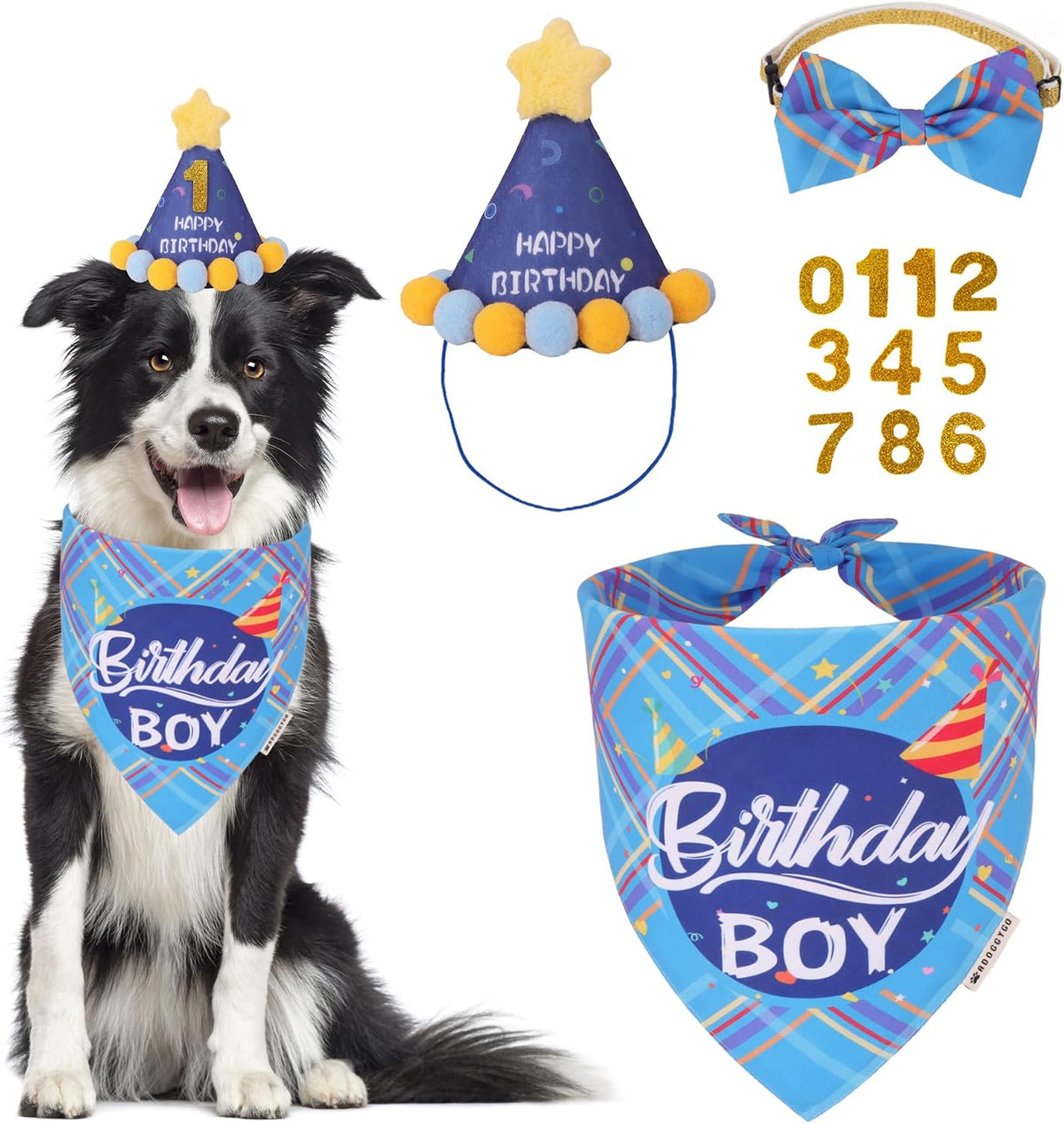 Dog Birthday Hat Bandana Set, Blue Plaid Boy Dog Bandana - Large / Sky Blue Boy