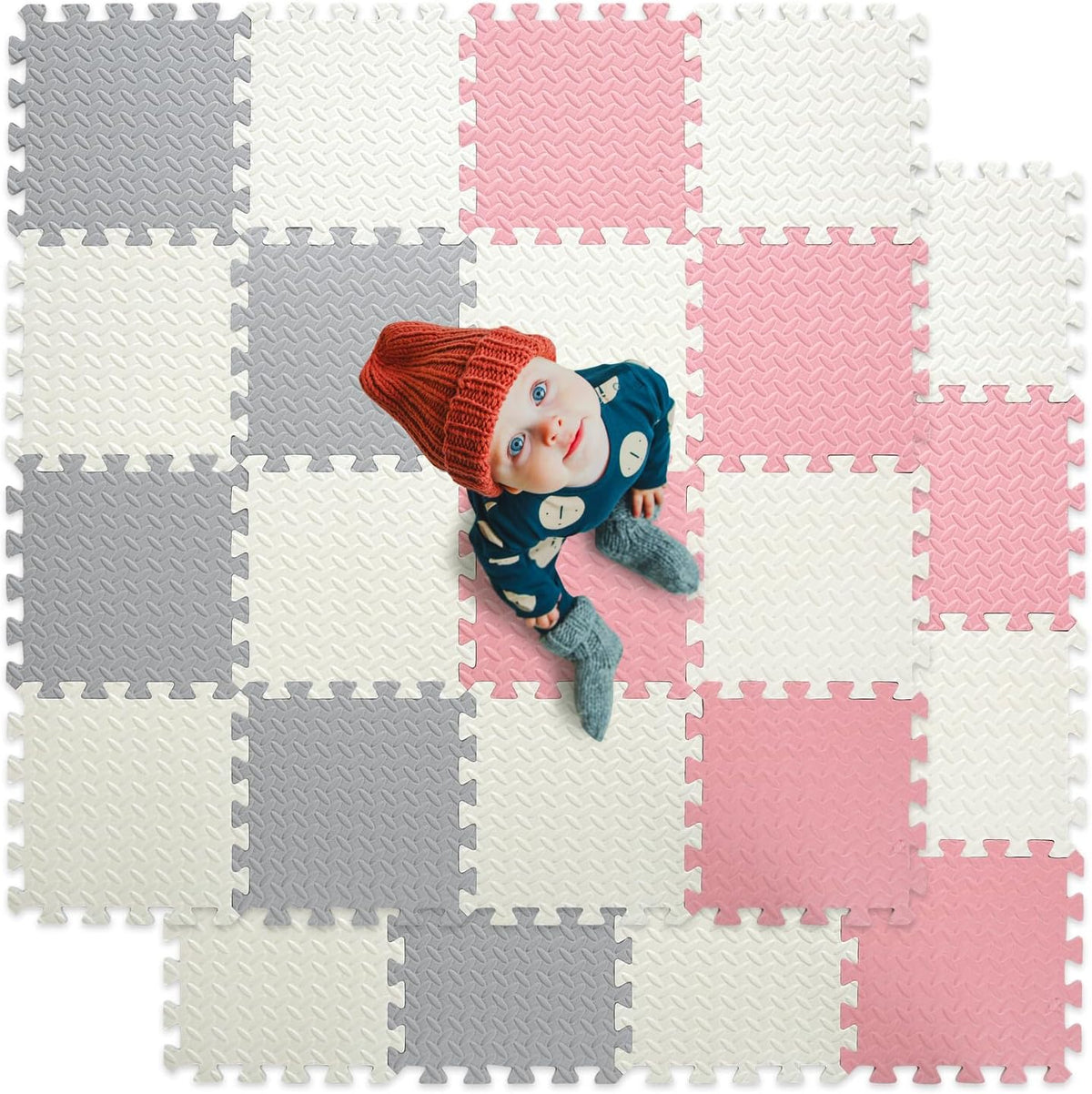 16 Tiles Foam Play Mat, Soft & Safe EVA Foam Mats for Floor - White/Gray/Lori Pink