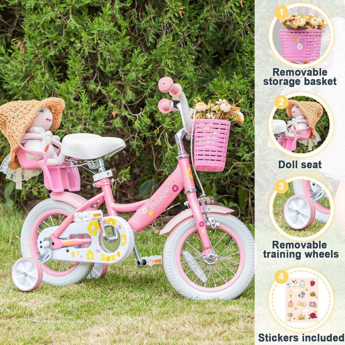 Glerc Maggie Girls Bike, 12-20 Inch Kids Bike for 2-13 Years Old Children, Princess Style Kids - Pink & White / 12 Inch - image 2