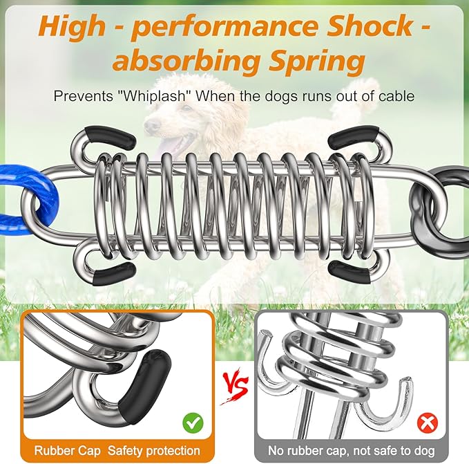 Tresbro 70 FT Dog Tie Out Cable with Spring, Shock Absorbing Tether Chains for Outside Aavilable in 10/15/20/25/30/40/50/70/100/120 FT, Heavy Duty Leads for Yard for Medium & Large Dogs Up to 500 LBS
