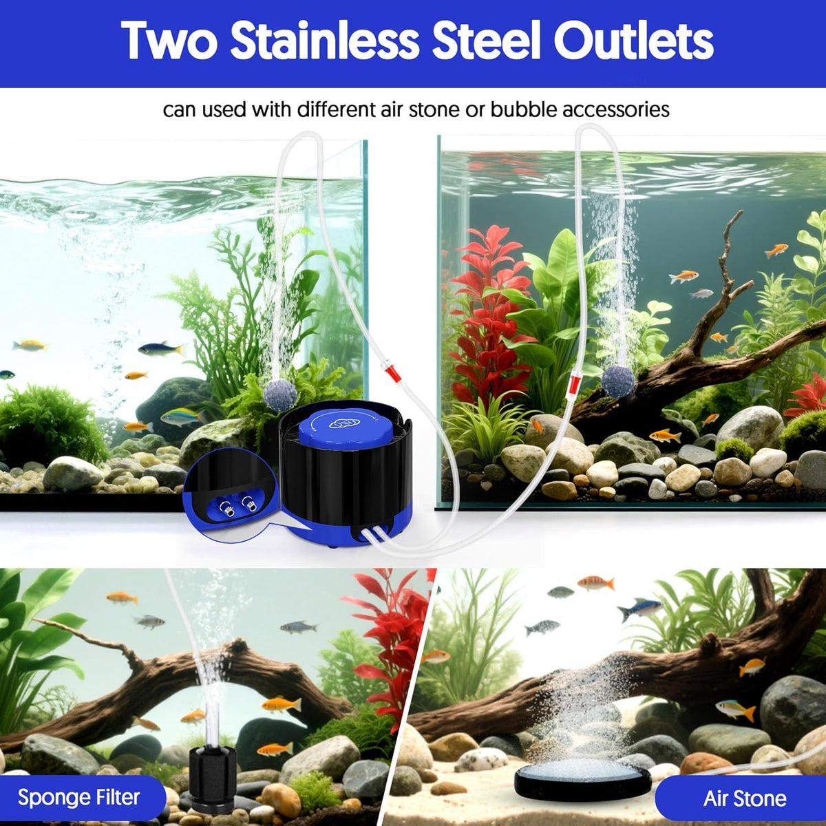 Aquarium Air Pump, Quiet Fish Tank Air Pump with Dual Outlets - 3W (Up to 80 Gallon) - image 4