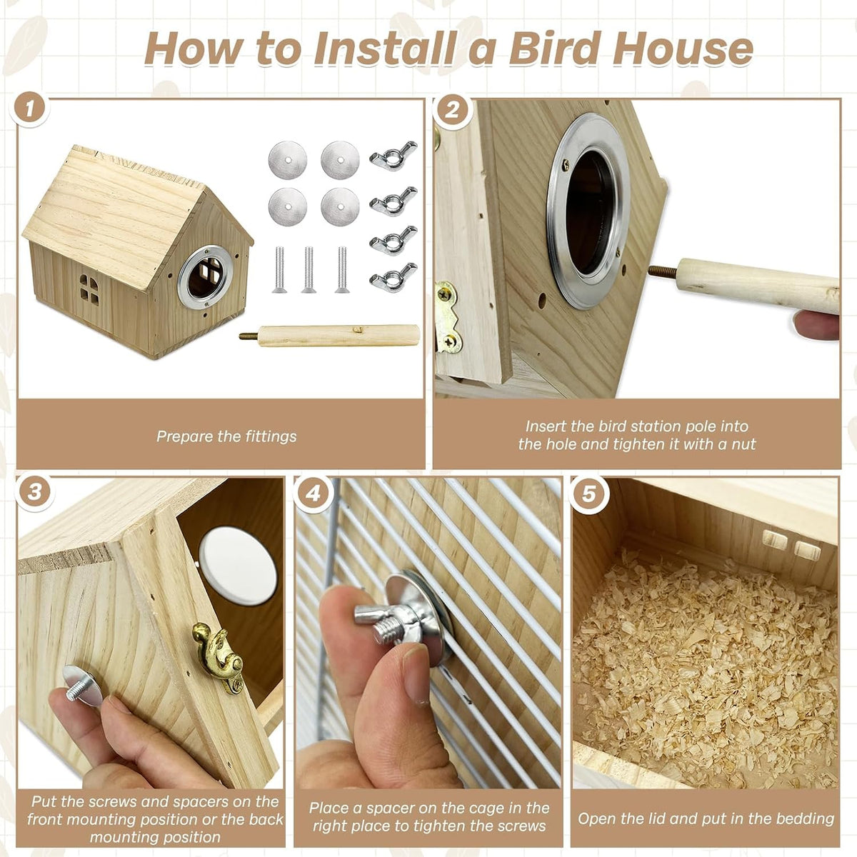 PINVNBY Parakeet Nesting Box Bird House for Cage Wood Mating Box Bird - Wood House Shape,L: 7.91*6.81*6.69 inch - image 4