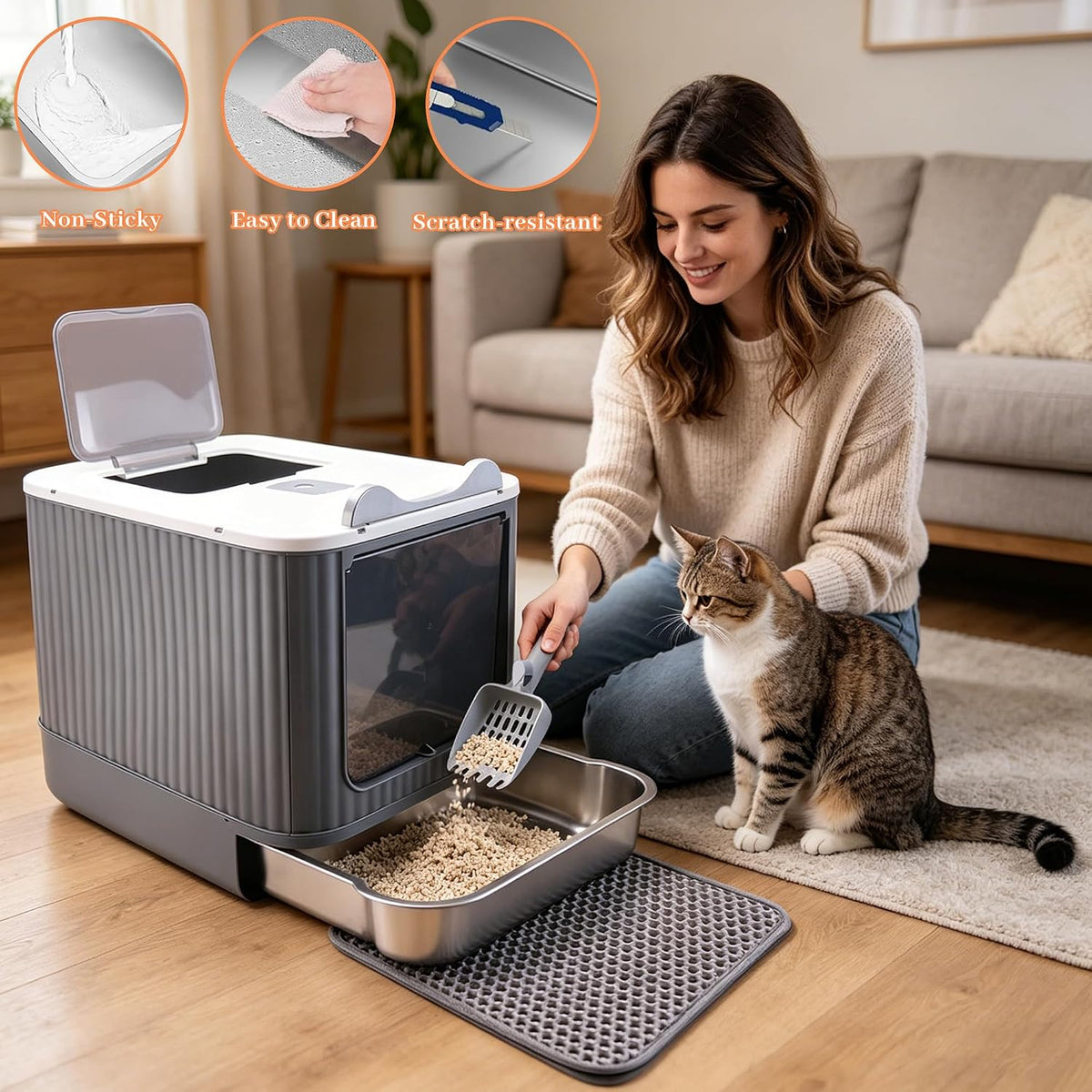 Stainless Steel Cat Litter Box Enclosed, Dual Entry - White - image 3