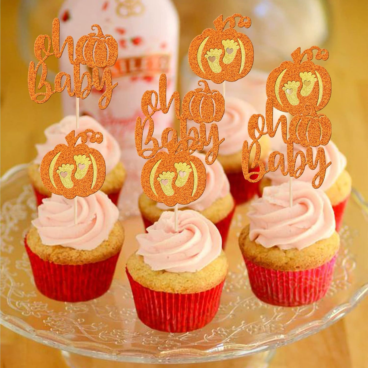 24 PCS Pumpkin Oh Baby Cupcake Toppers Glitter Fall Theme pumpkin - Design 11 Orange - image 3