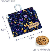 Dog Treat Pouch, Pocket Sized Pet Training Pouch, Cotton Fabric, Hand Free Purple Flower Dog Walking Bag with Carabiner, Self-Closing Pet Feed Snack Reward, for Puppy Travel or Outdoor Use