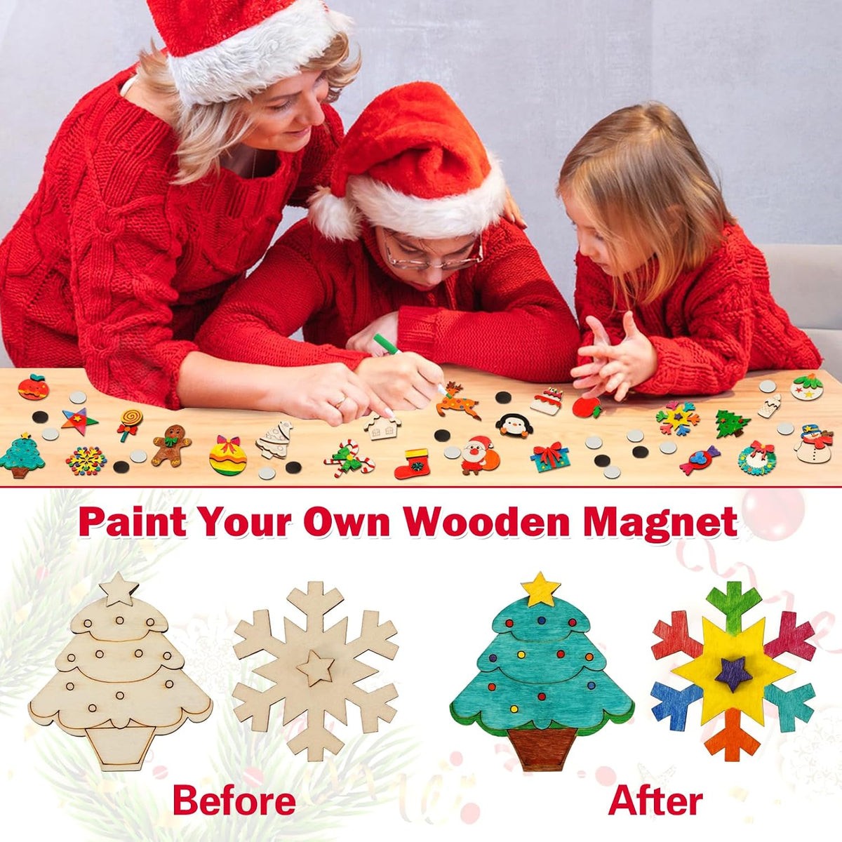 Worgree DIY wooden Christmas magnets craft kit with trees, ornaments, snowflakes and colored pens - view 3