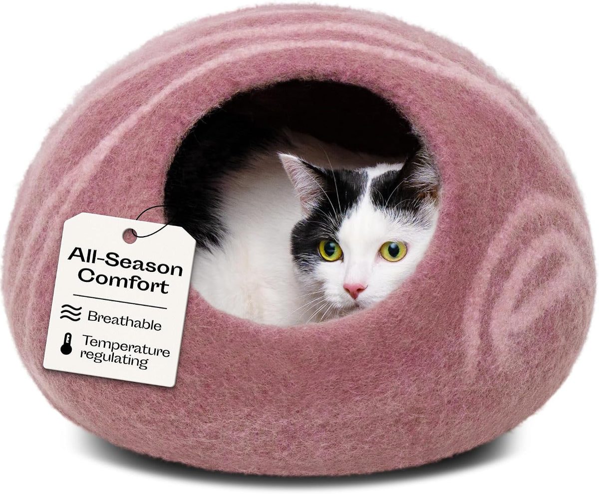 Cat Cave, New Zealand Wool Bed for Indoor Cats - Rose Gold / Large
