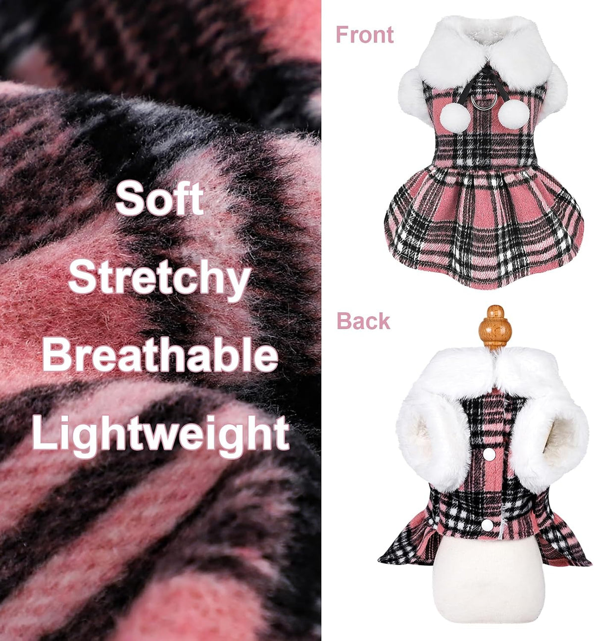 Dog Sweater with Leash Set D Ring Plaid Fleece Dog Clothes for Small - XX-Small (Chest 11in ) / Pink with Leash - image 2