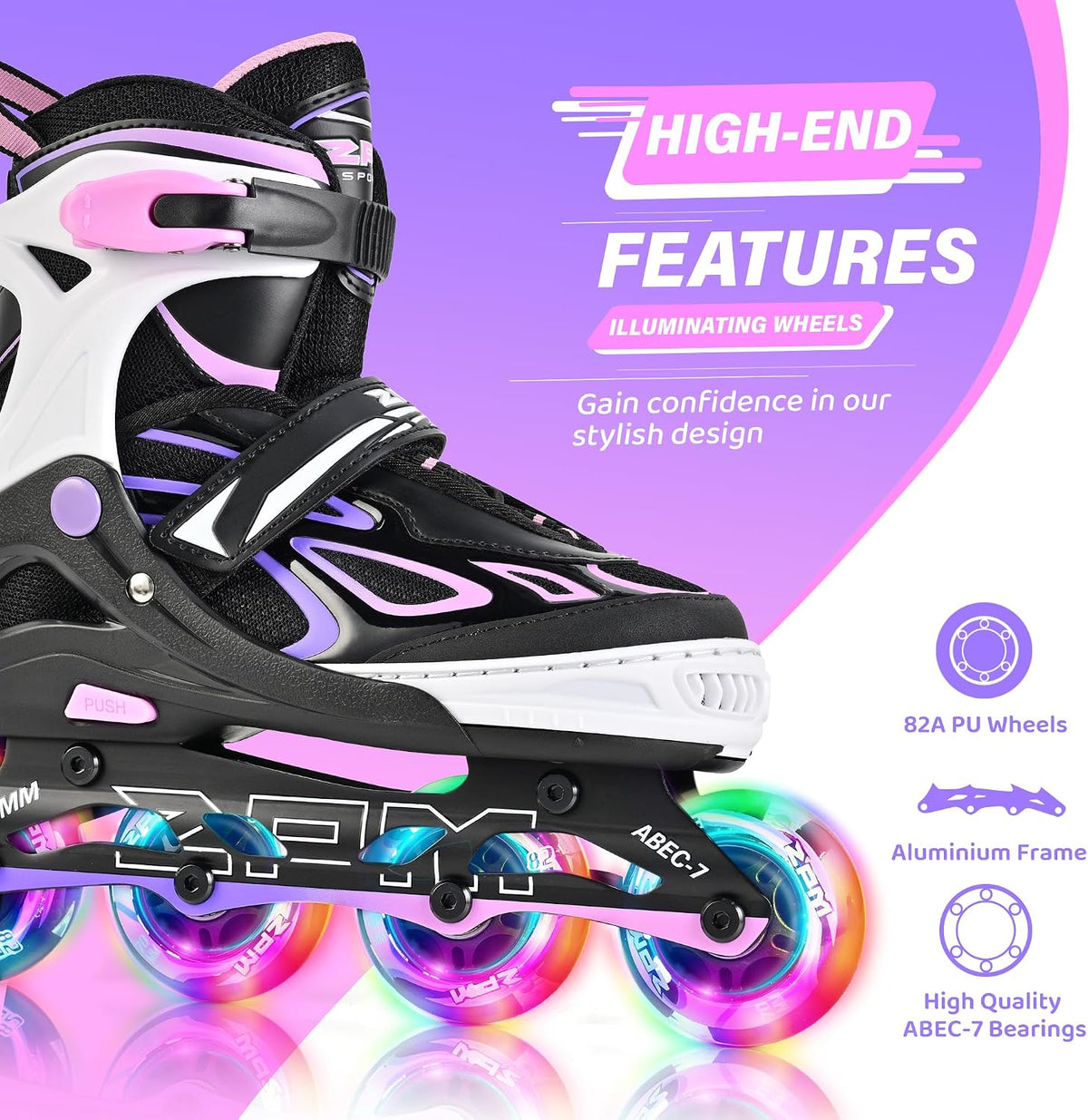 2PM SPORTS Adjustable Inline Skates for Kids, Youth and Adults - Purple Pink / Medium - Big Kid (13.5C-4 US) - image 3