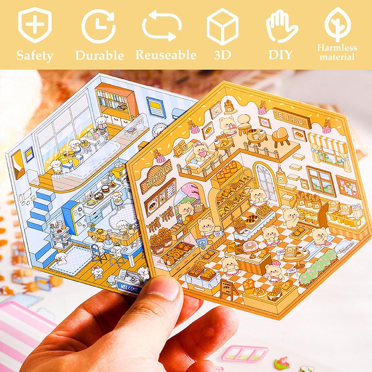 Xuoent 3D scene sticker book with mini kawaii scenes and tweezers - view 6