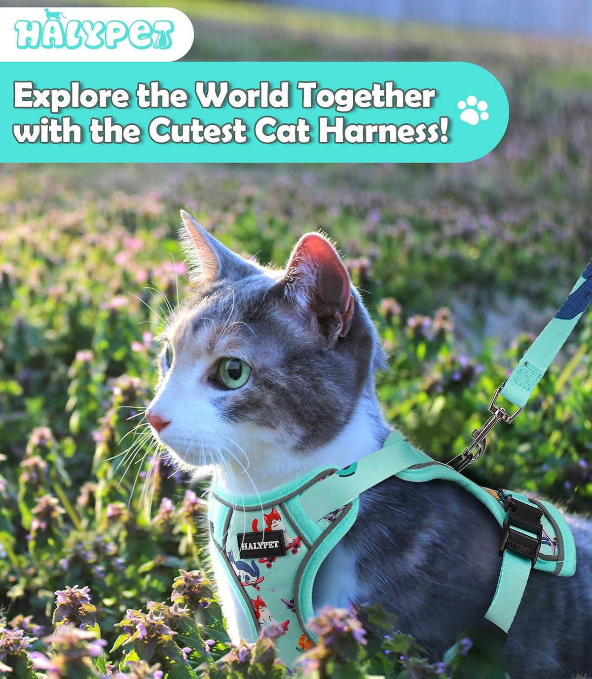 Cat Harness and Leash Set[MAX Safety 4th-Gen] Cute Escape Proof Vest - H603 Pro Purrfect Green / X-Small (4-6lb) - image 2