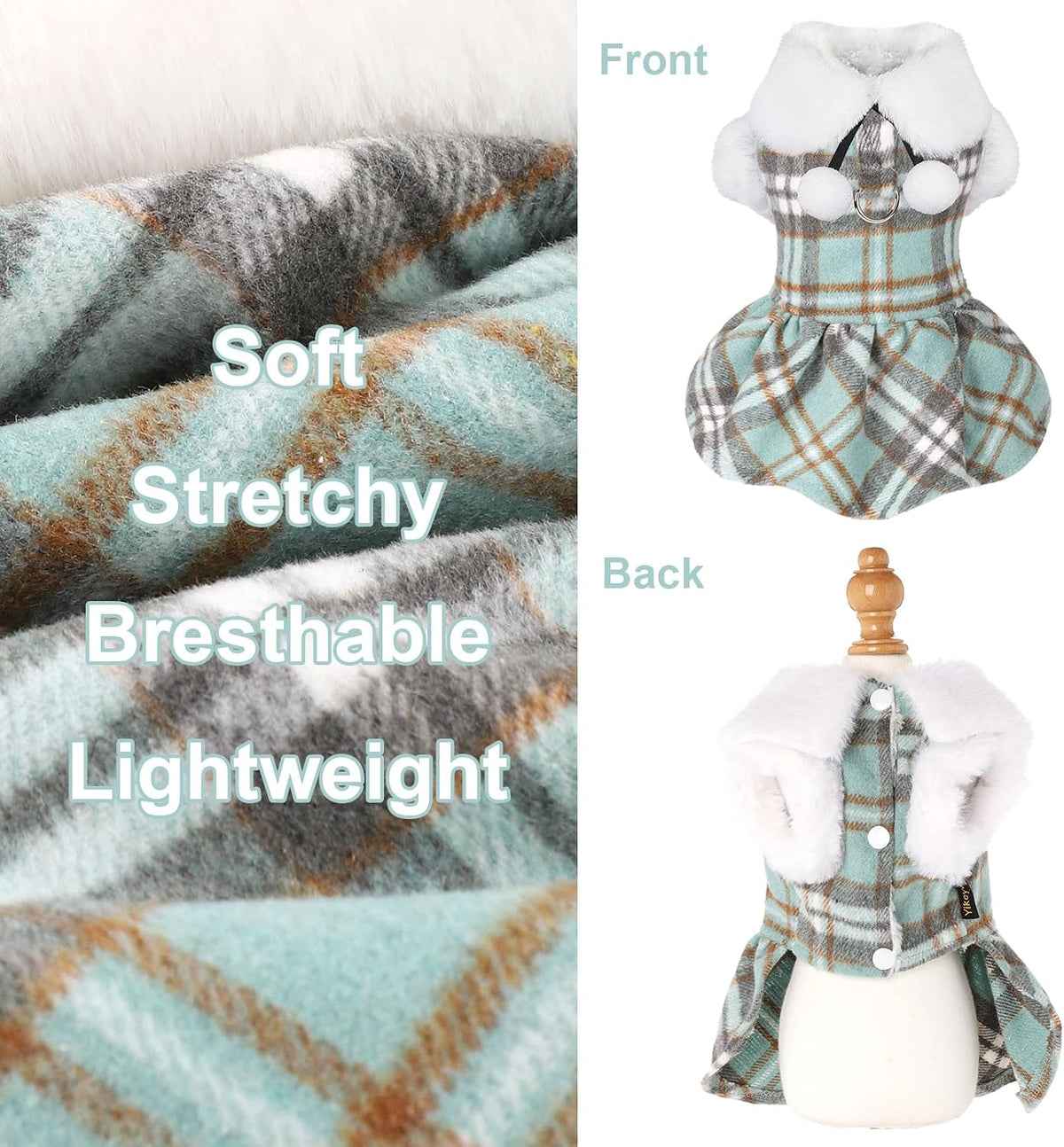 Dog Sweater with Leash Set D Ring Plaid Fleece Dog Clothes for Small - Small (Chest 15in ) / Turquoise with Leash - image 2