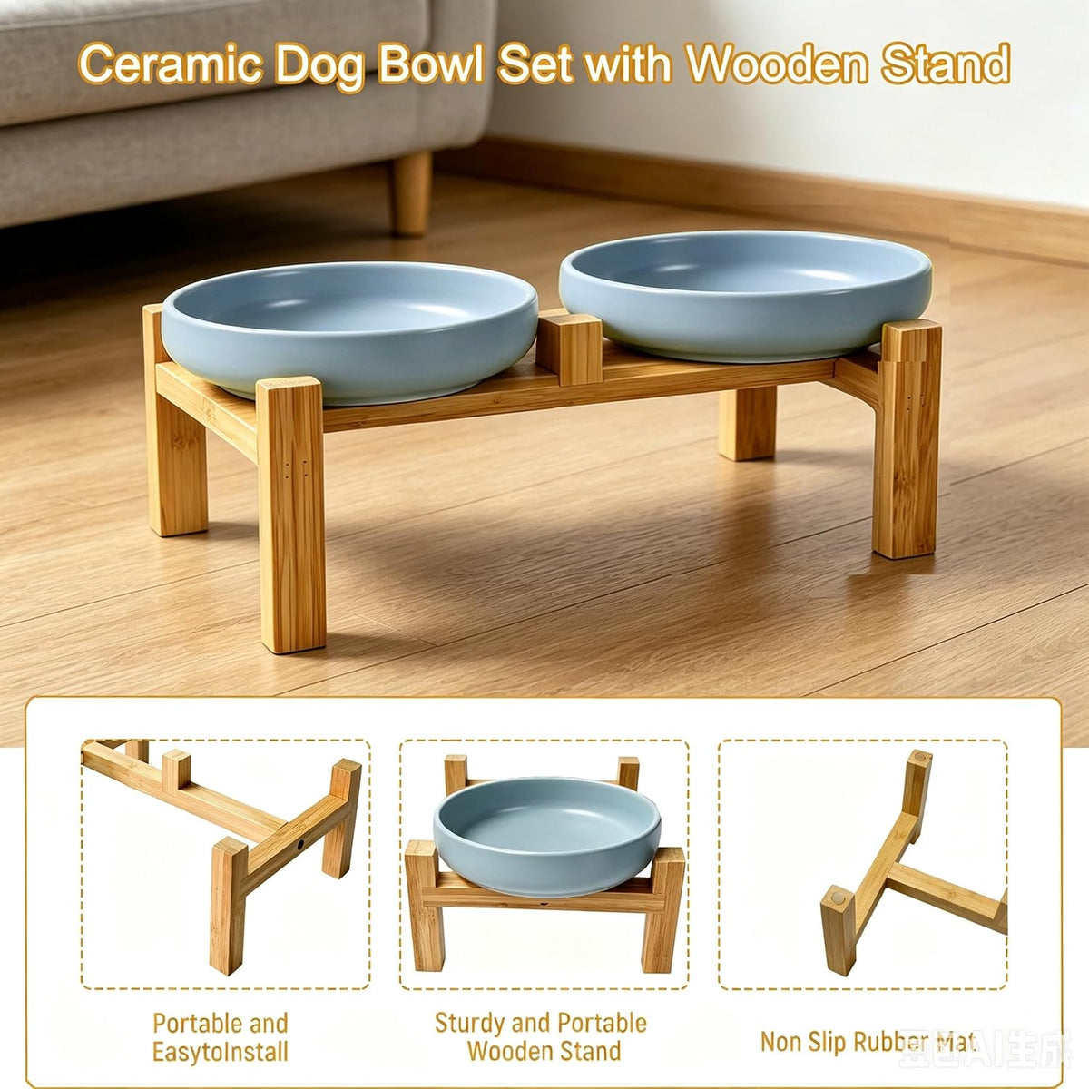 Ceramic Cat Bowls, Shallow Cat Dishes for Food and Water - Grey elevated - image 3