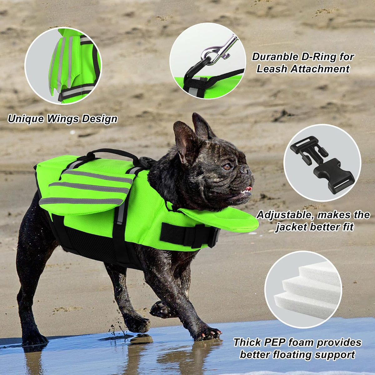 Dog Life Jacket, Cute Wings Adjustable Dog Life Vest with Chin Float and Handle for Swimming - Green / M (Chest Girth 16.1"-24.8") - image 3