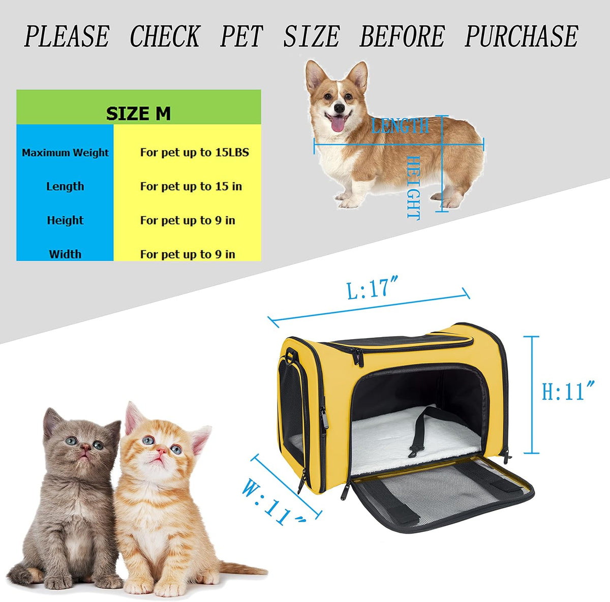 Soft Sided Carrier for Small Medium Cats Dogs - 17.0"L x 11.0"W x 11.0"H / Yellow - image 4