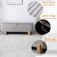 Kmax 45" Storage Bench Velvet Entryway Bench Upholstered Ottoman Bench with Wavy Top & Safty Hinge for Bedroom Living Room Hallway, Grey